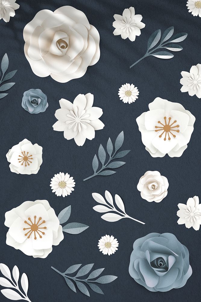 Blue and white paper craft flower elements on navy blue background illustration