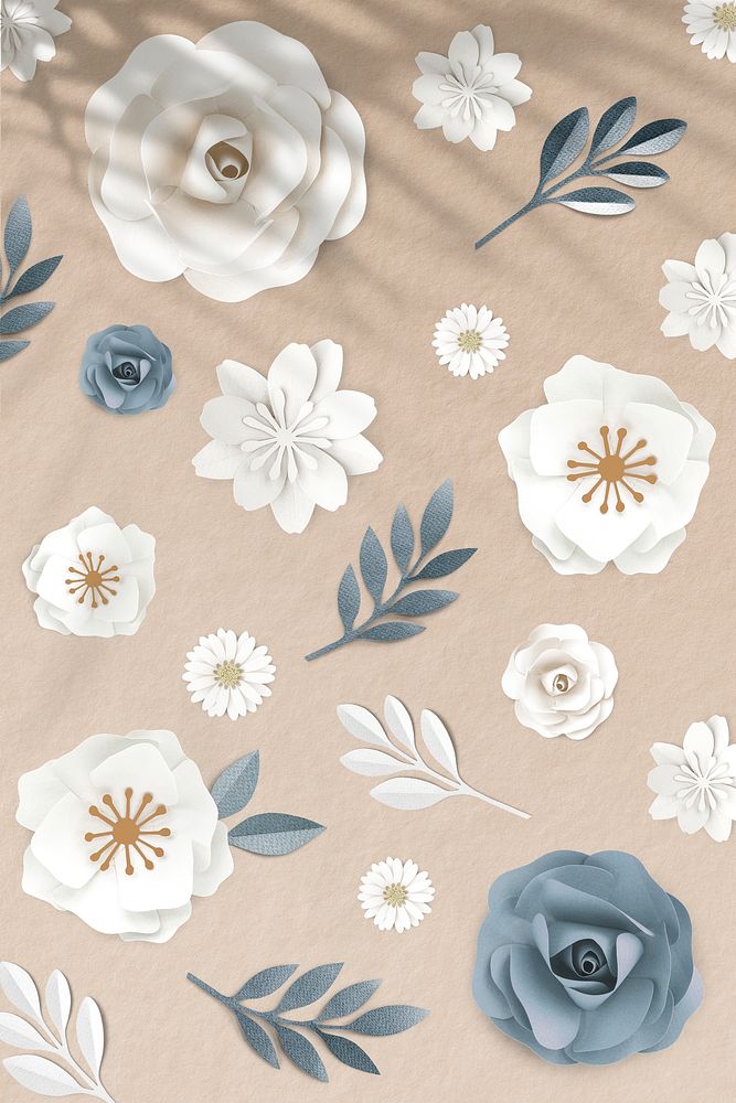 Blue and white paper craft flower elements on brown background illustration