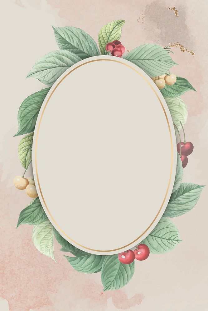 Hand drawn cherry leaf pattern with oval gold frame vector