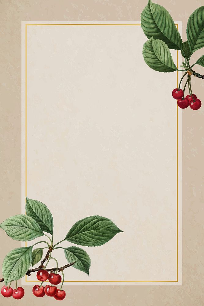 Hand drawn cherry pattern with rectangle gold frame vector