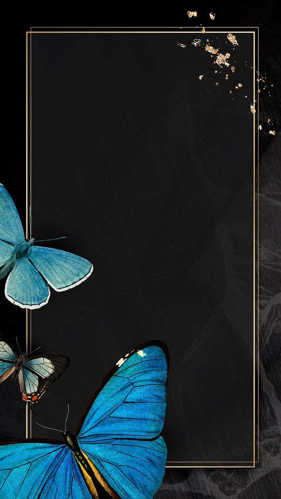 Gold frame with blue butterflies patterned mobile phone wallpaper vector