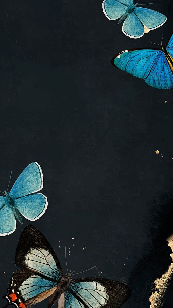 Blue butterflies patterned on black  mobile phone wallpaper vector