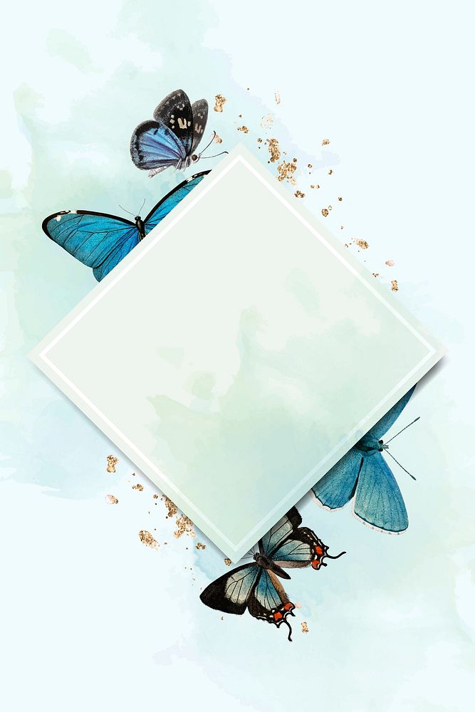 Rhombus frame with blue butterflies patterned background vector