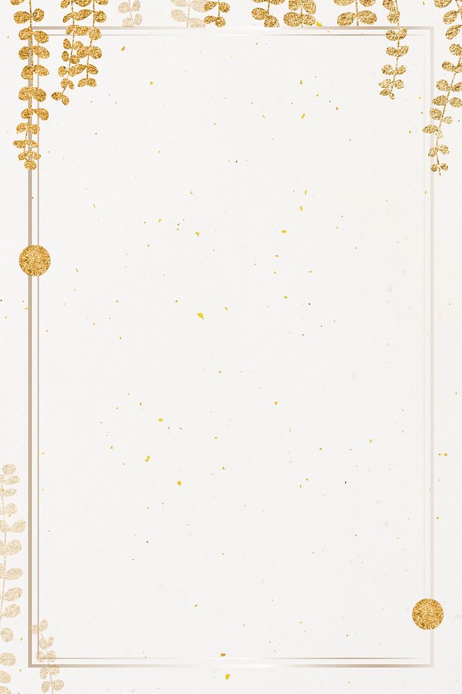 Gold frame with glittery gold eucalyptus leaf pattern on beige background illustration