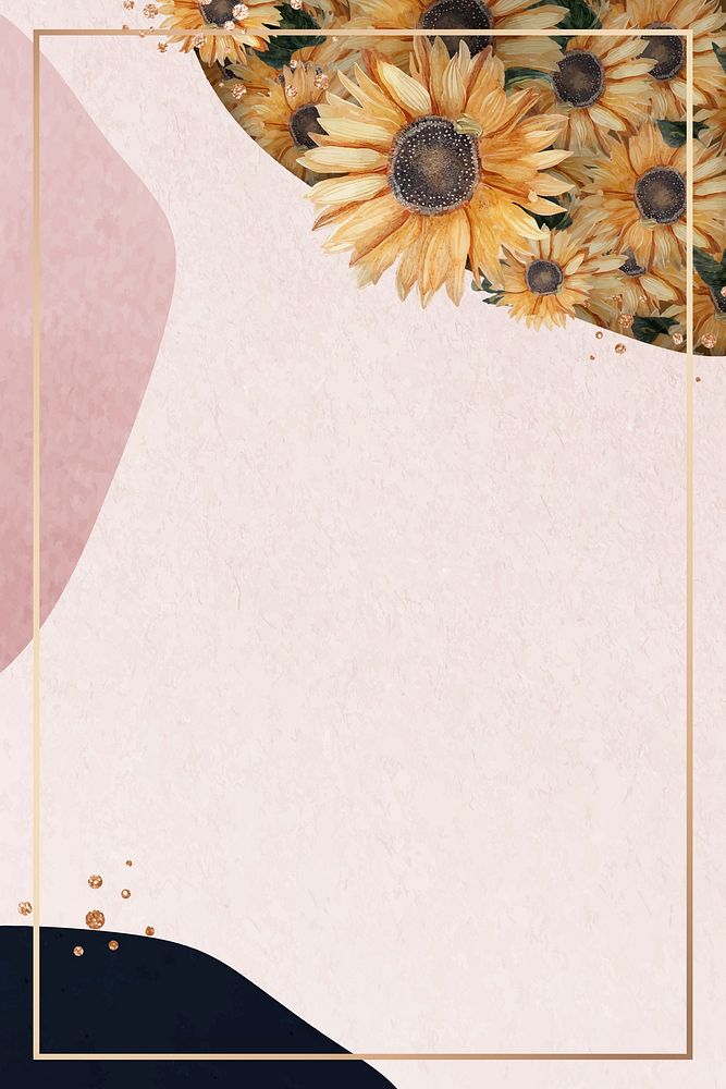 Gold frame on pink collage background with sunflowers patterned vector