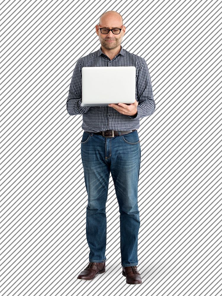 Casual man using a laptop character isolated on a striped background