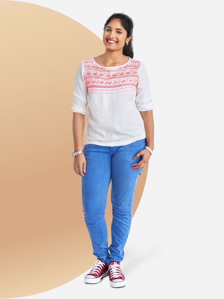 Cheerful Indian girl in jeans character isolated on a striped background