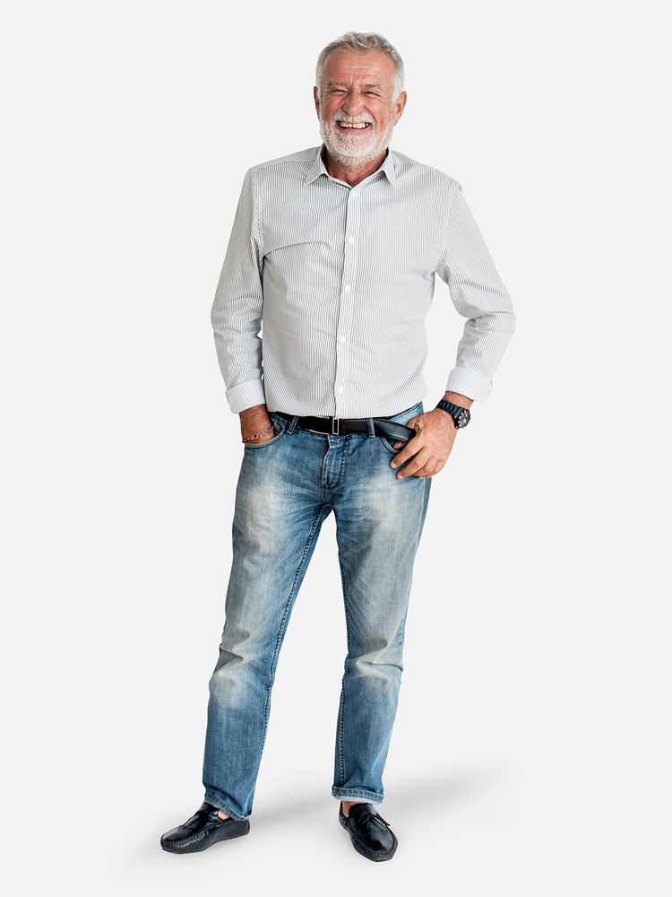 Cheerful elderly man in jeans character isolated on a white background
