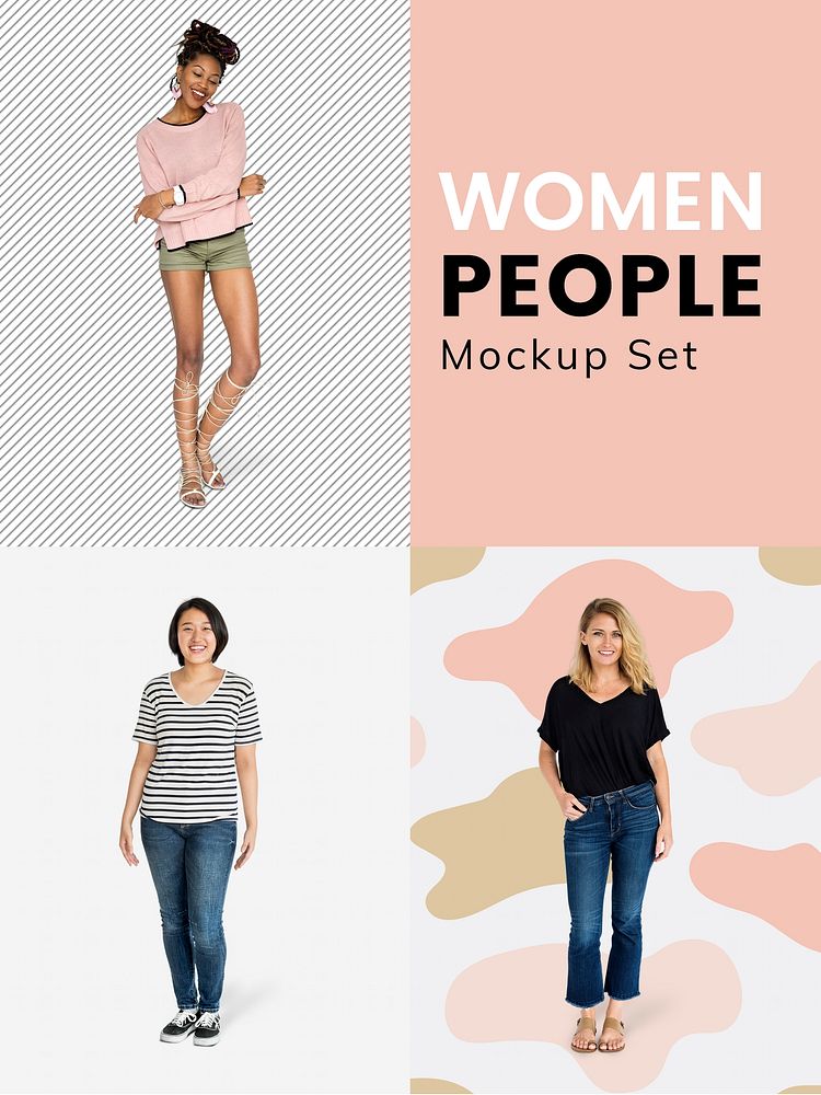 Cheerful diverse women character mockups set