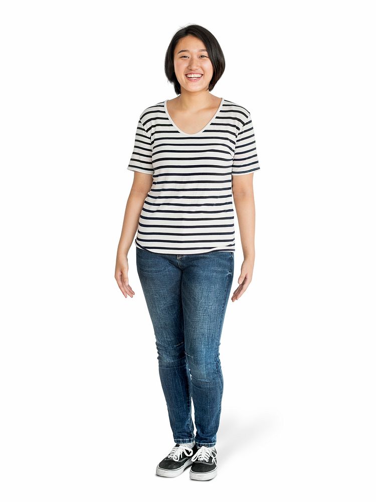 Cheerful Asian woman in jeans character isolated on a white background