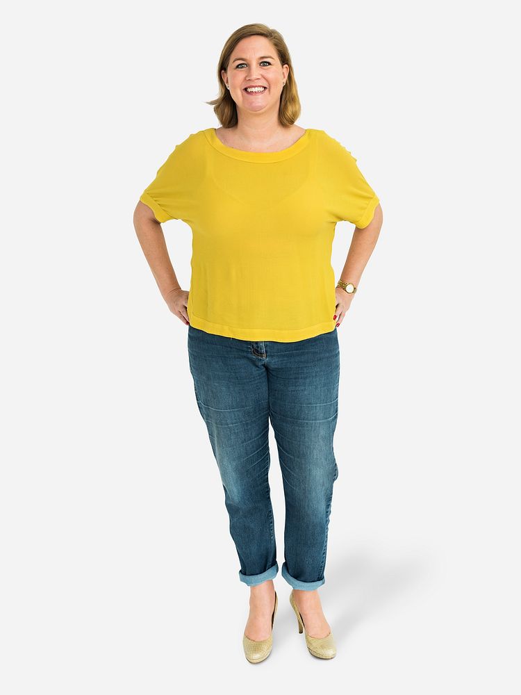 Cheerful woman in a yellow tee character isolated on a white background