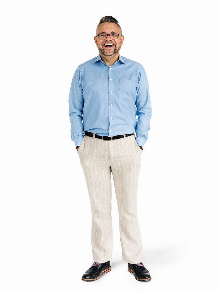 Cheerful man in a blue shirt character isolated on a white background