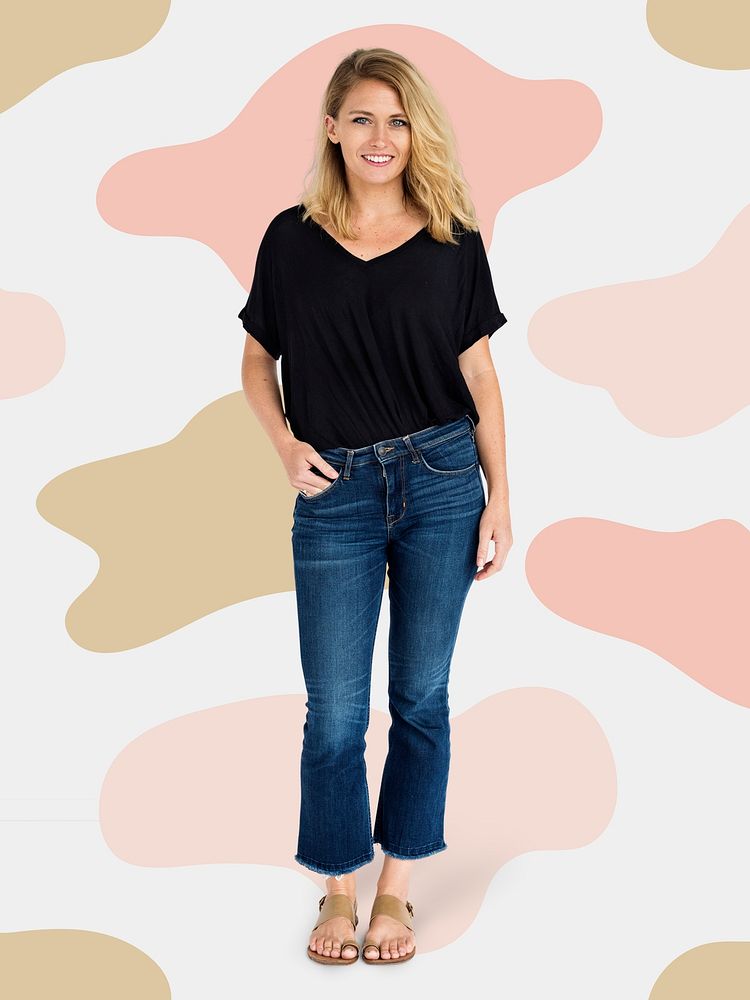 Cheerful blond woman in a black tee character isolated on patterned background