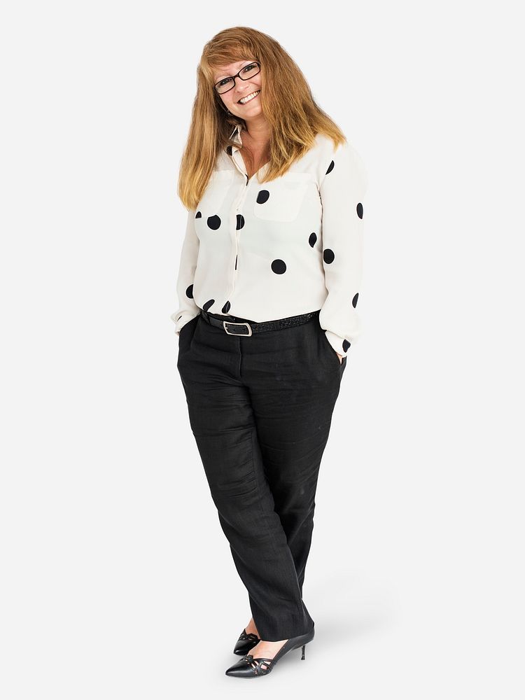Cheerful woman in a polka dots shirt character isolated on a white background