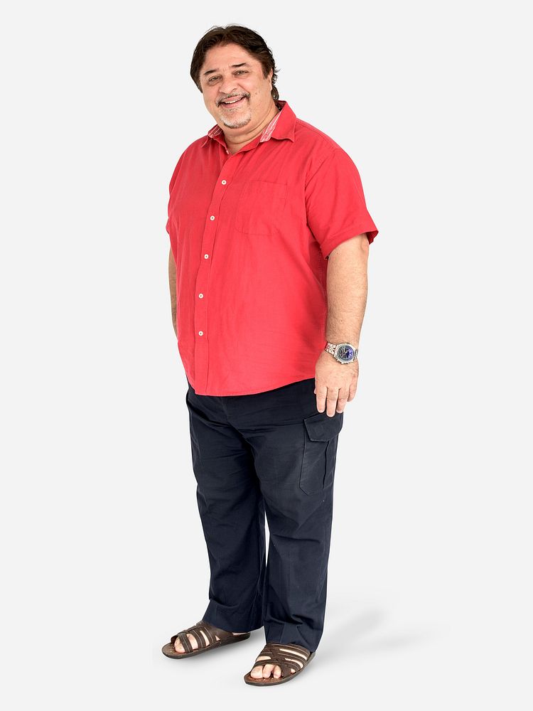 Cheerful Hispanic man in a red shirt character isolated on a white background