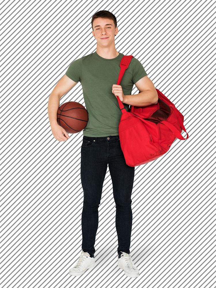 Sportive boy with his red duffel bag character isolated on striped background