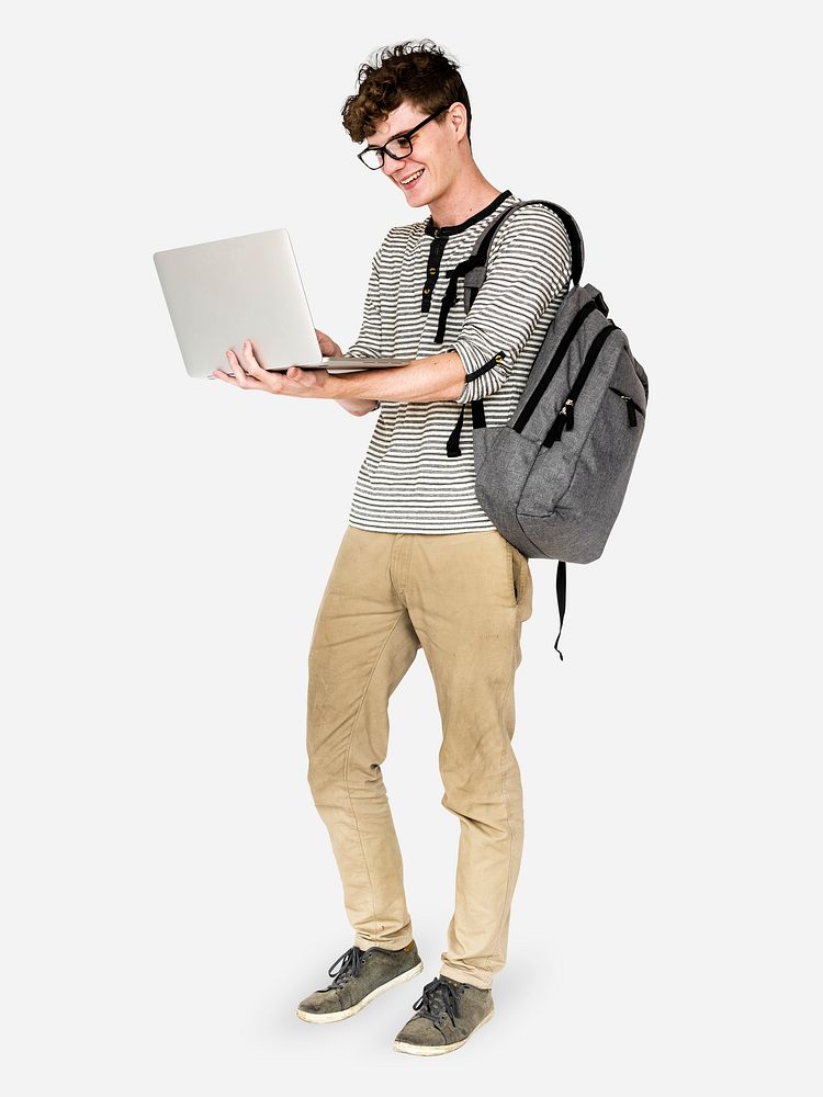 Nerdy boy with his laptop character isolated on a white background