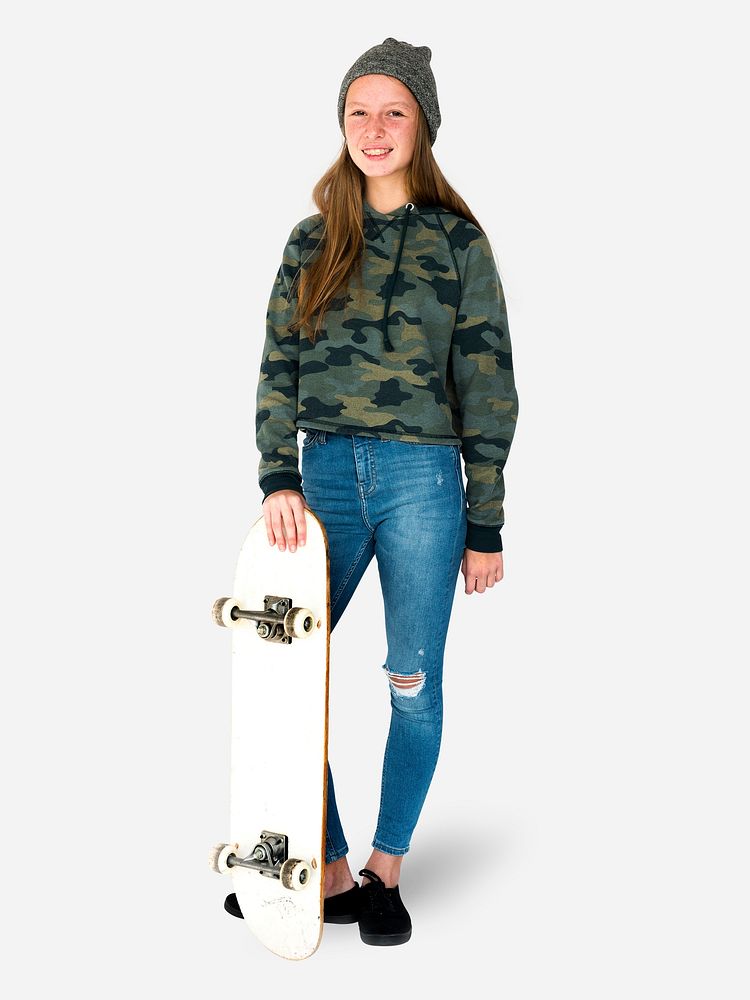 Cheerful girl with her skateboard character isolated on a white background