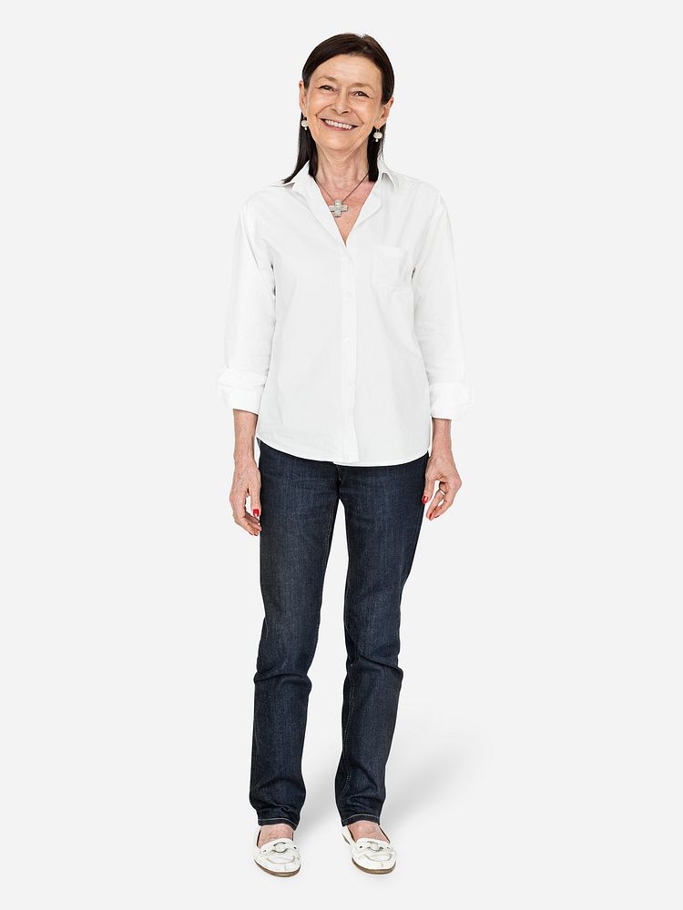 Cheerful elderly woman in a white shirt character isolated on a white background