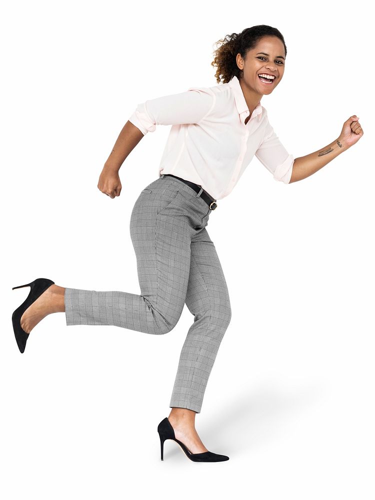 Black woman in a running position character isolated on a white background