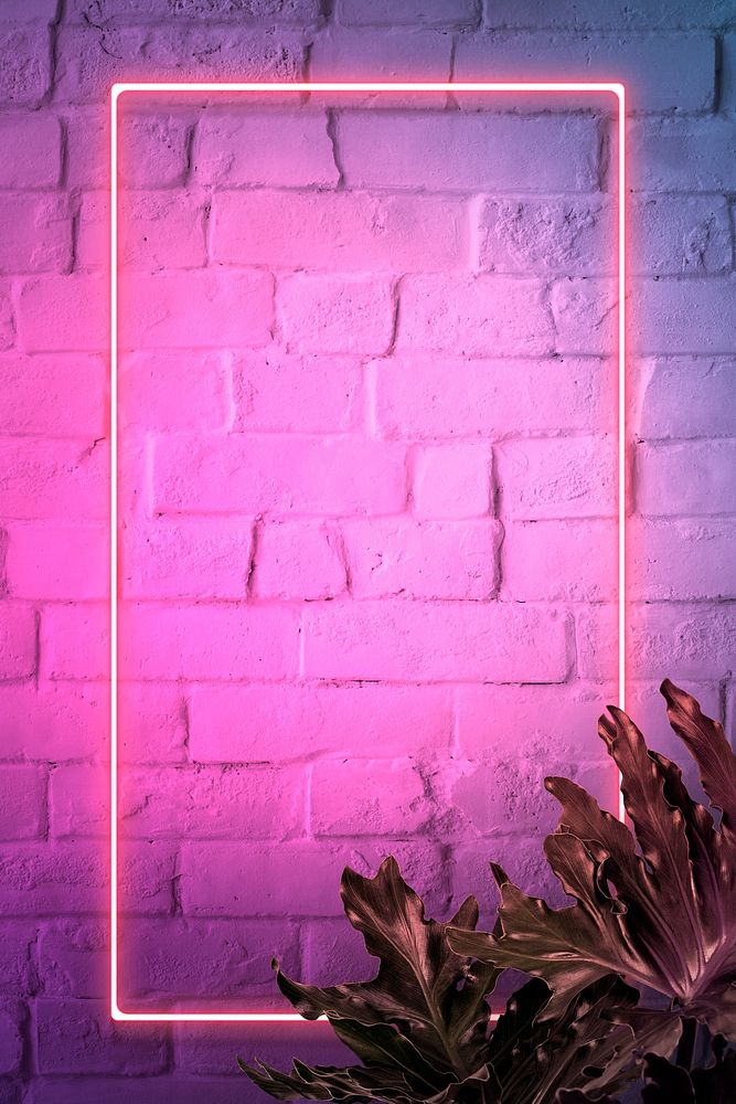 Pink neon lights frame on a white brick wall mockup