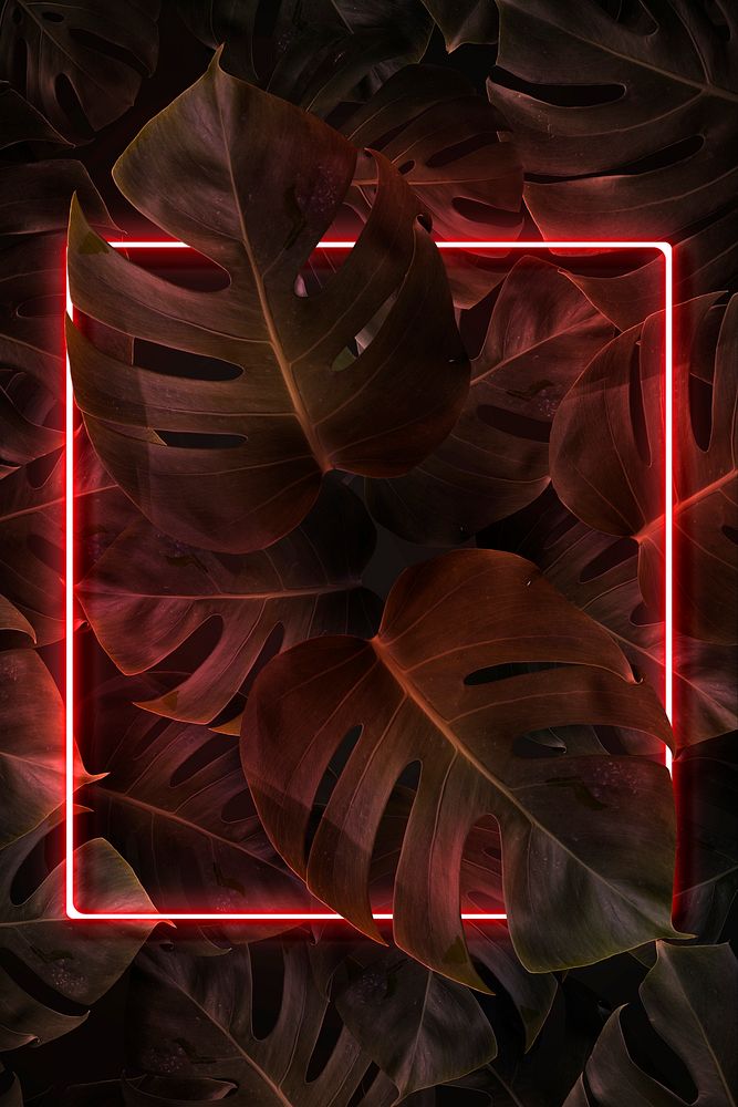 Red neon lights frame in a tropical jungle mockup design