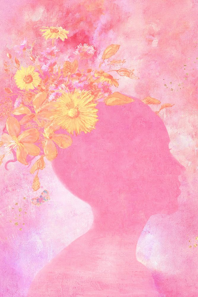 Woman shadow with flowers on pink painting background illustration