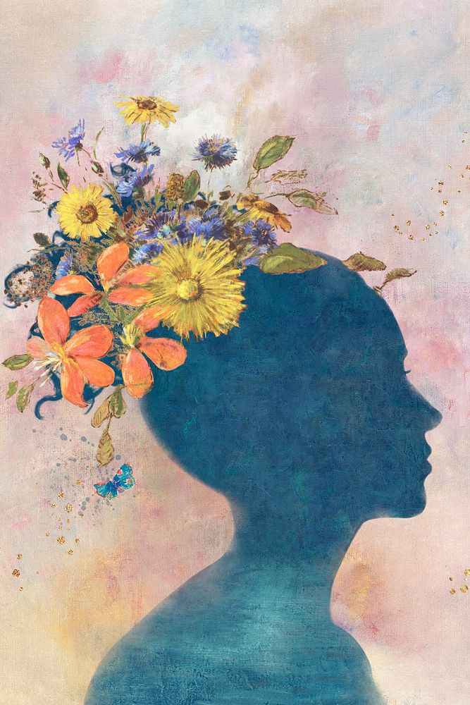 Woman shadow with flowers on painting background illustration
