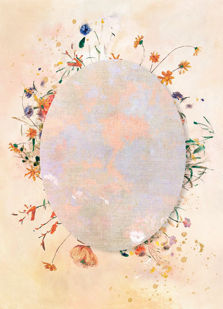 Oval frame with botanical patterned background illustration