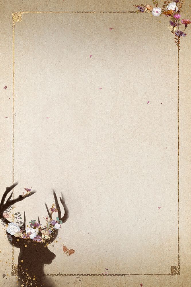 Gold frame with a deer head silhouette painting background illustration