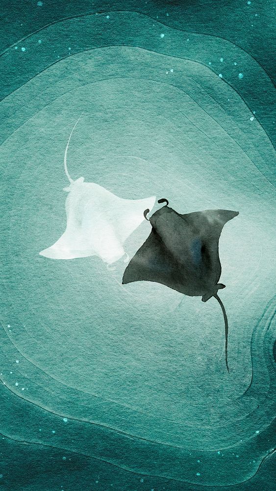 Watercolor painted manta rays in green water banner template