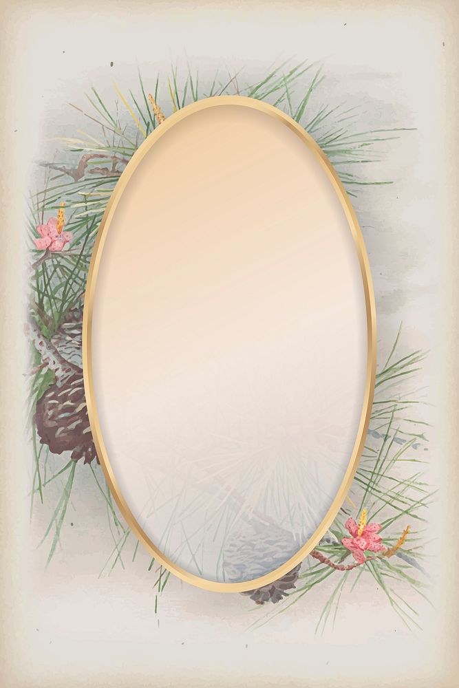 Oval gold frame on pine and conifer cone patterned background vector
