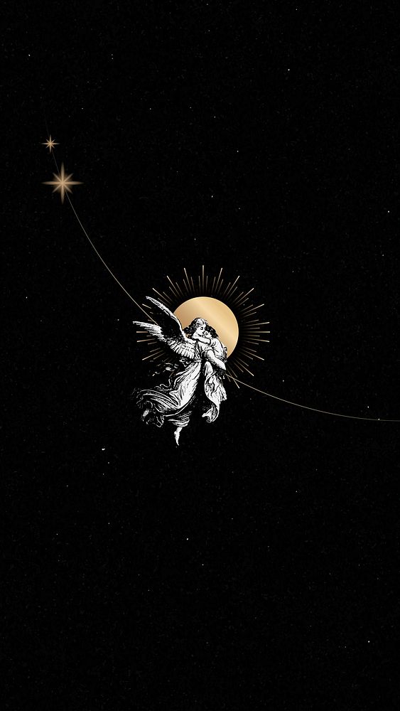 Vintage Christmas guardian angel from the public domain on black background mobile phone wallpaper vector