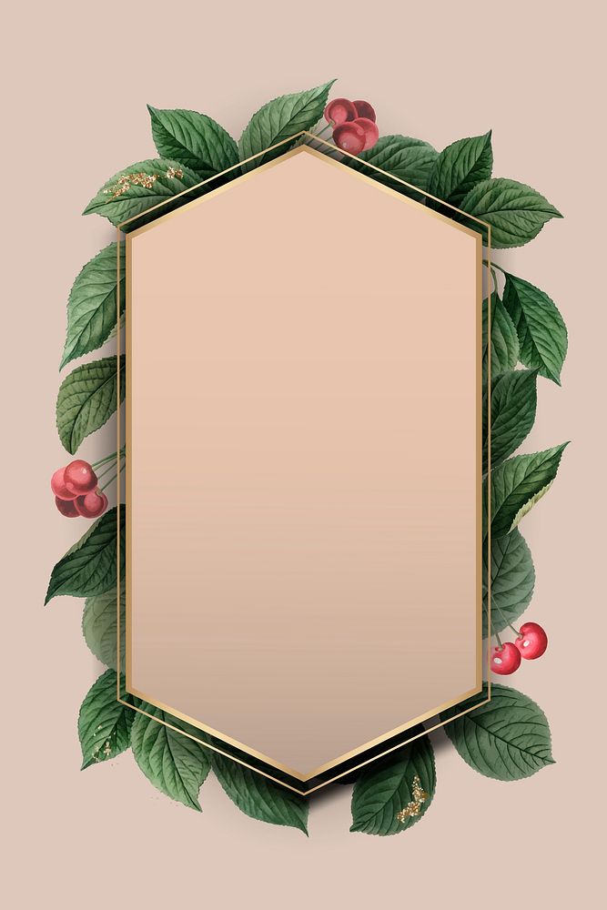 Cherry leaves with hexagon gold frame on beige background vector