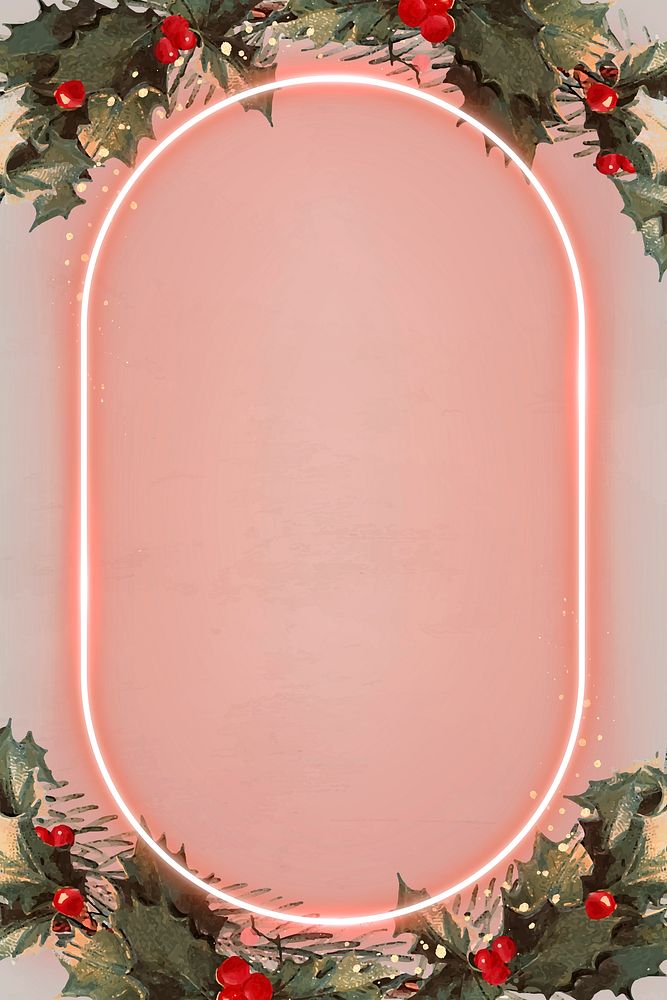 Oval pink neon frame on Christmas background vector