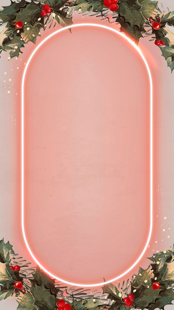 Oval pink neon frame on Christmas mobile phone wallpaper vector
