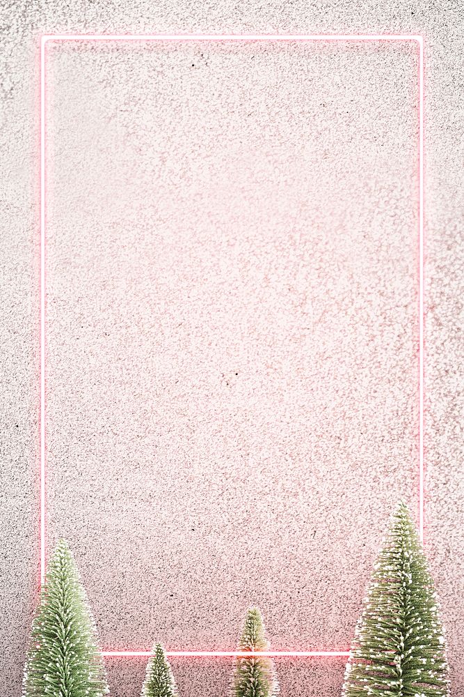 Pink neon frame on snowy Christmas background illustration