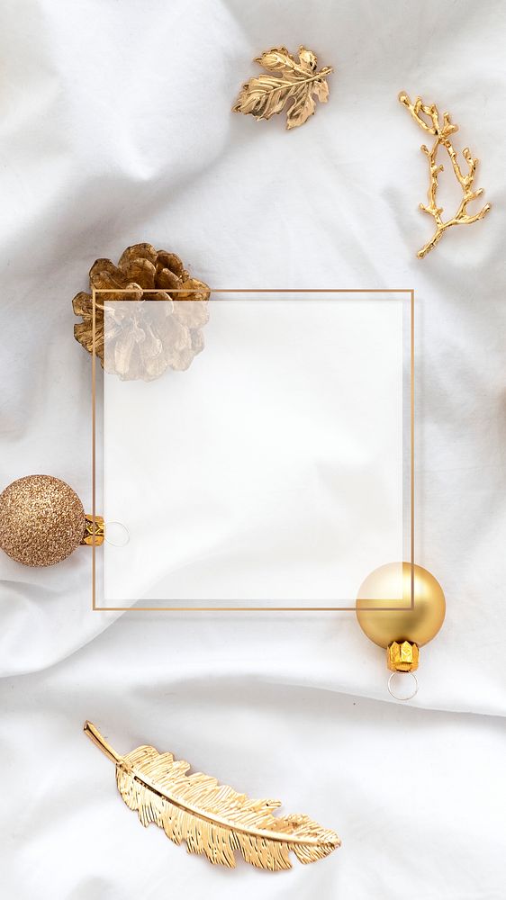 Square gold frame with Christmas ornaments mobile phone wallpaper mockup