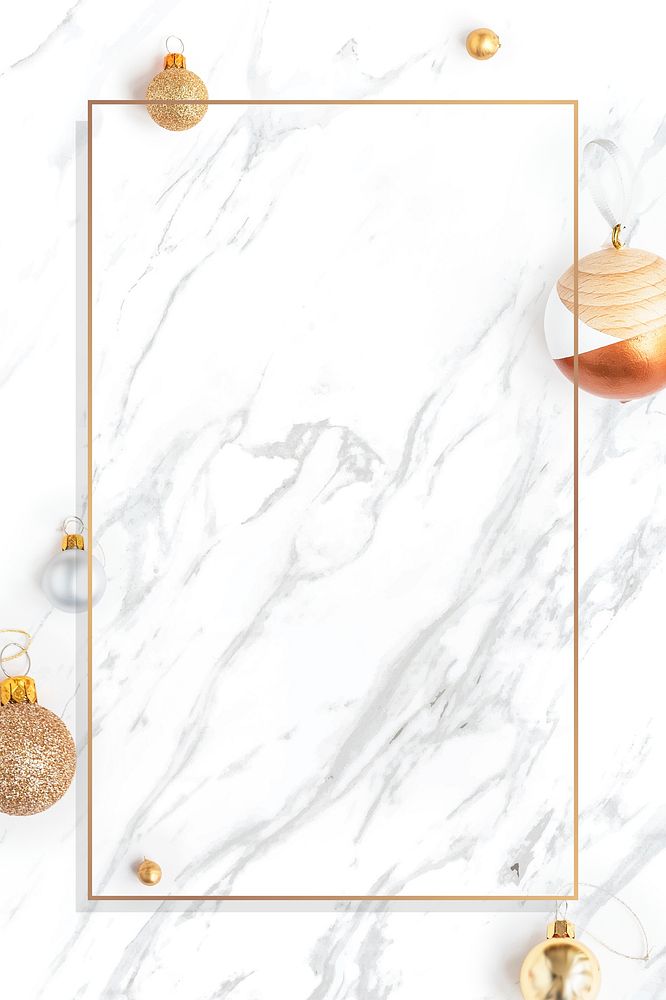 Metallic baubles with gold frame on white marble social template mockup