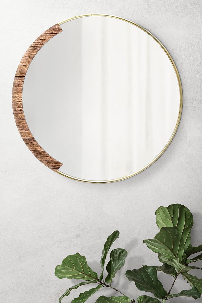 Circular mirror with a wooden backdrop with fiddle-leaf fig mockup