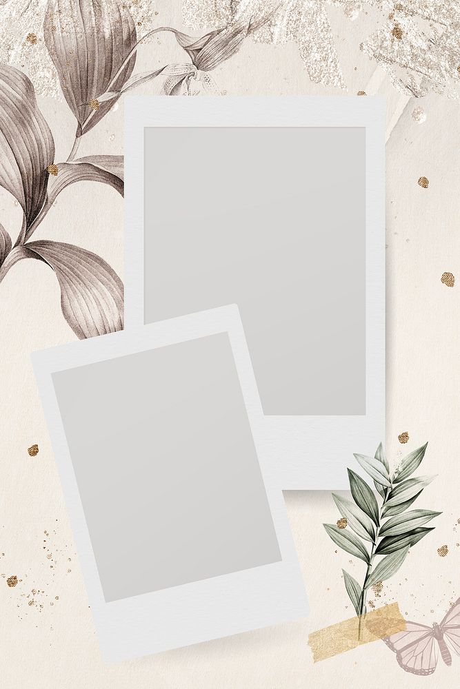 Blank photo frames on tropical leafy background mockup