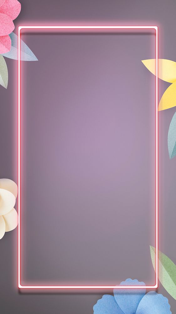 Flower decorated neon frame on gray wall mockup