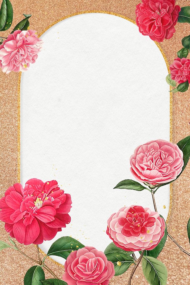 Red and pink camellia flower patterned blank frame mockup