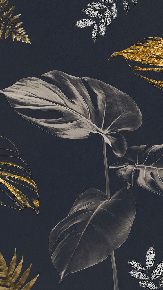Silver and golden monstera leaves background design 