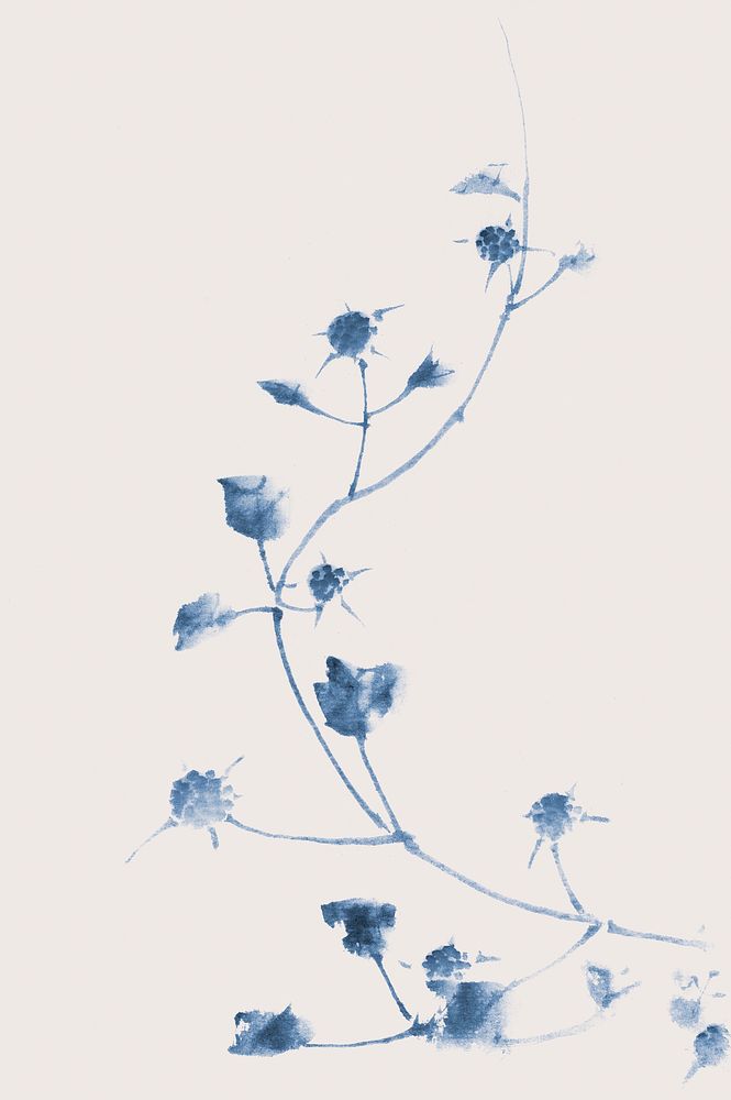 Blue blossoms vintage illustration, remix of original painting by Hokusai.