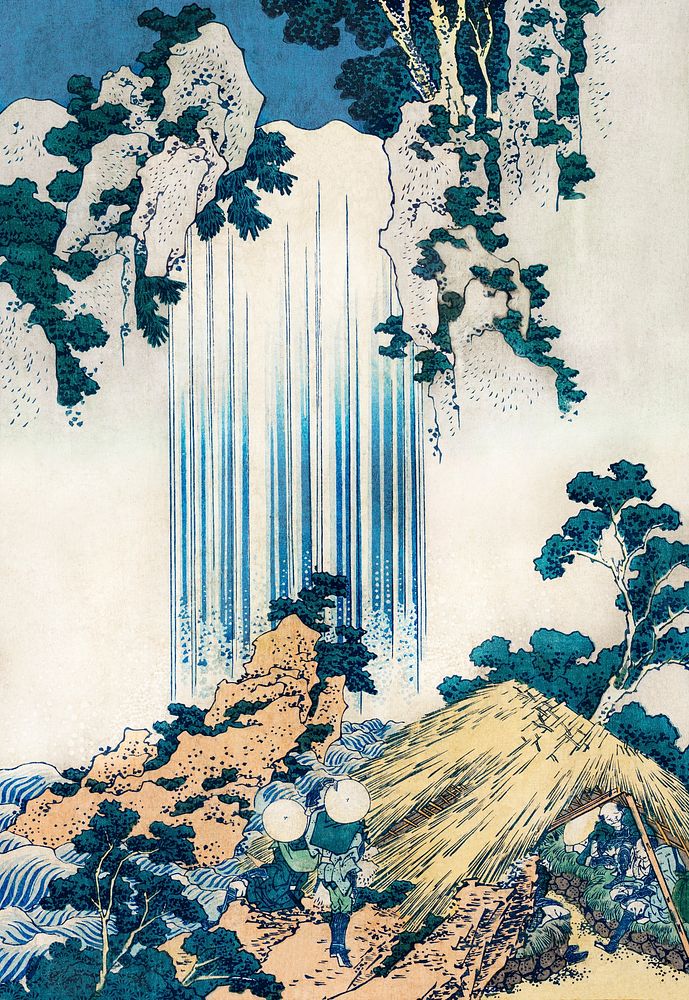 Yoro waterfall vintage illustration, remix of original illustration by Hokusai.