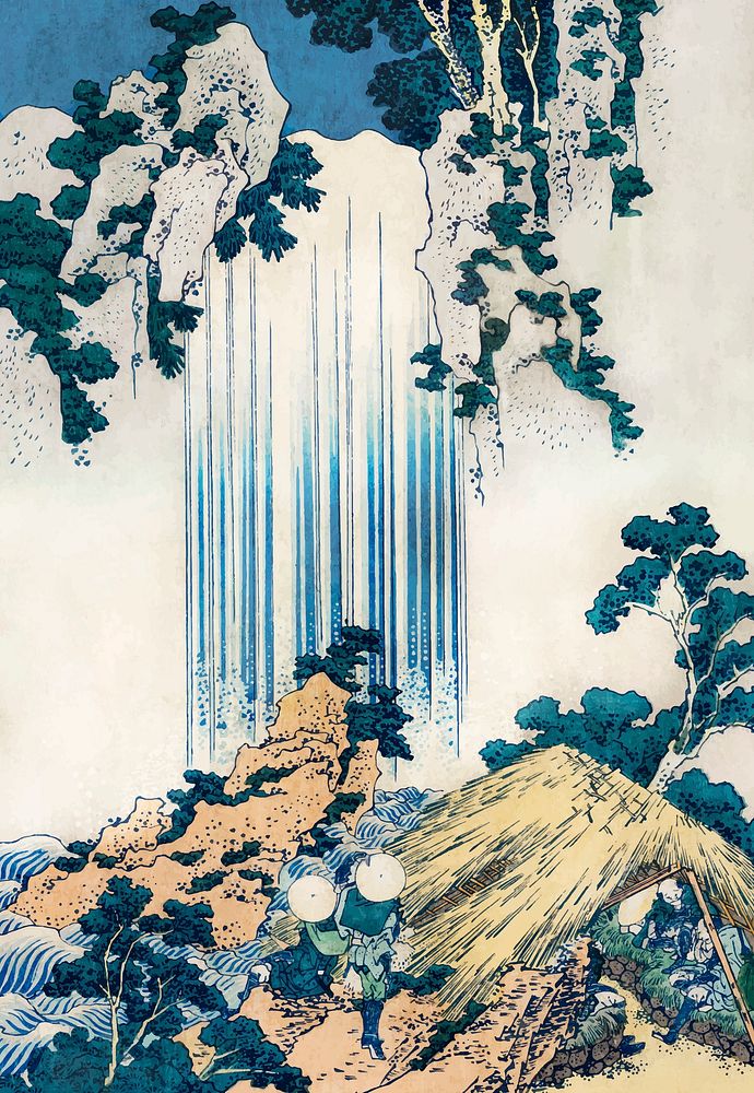 Yoro waterfall vintage illustration vector, remix of original illustration by Hokusai.