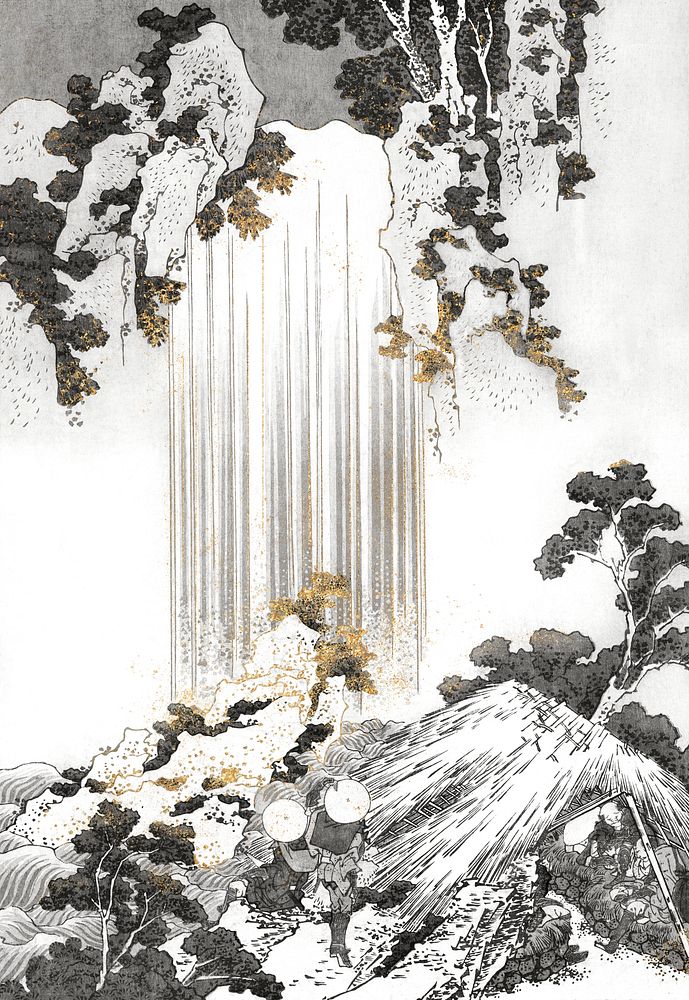 Shiny golden yoro waterfall vintage illustration, remix of original illustration by Hokusai.