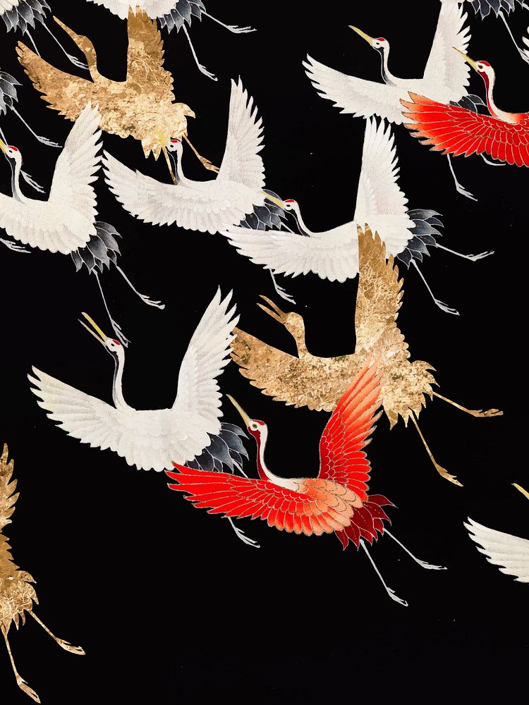 Japanese flying cranes vintage illustration vector, remix from original artwork.