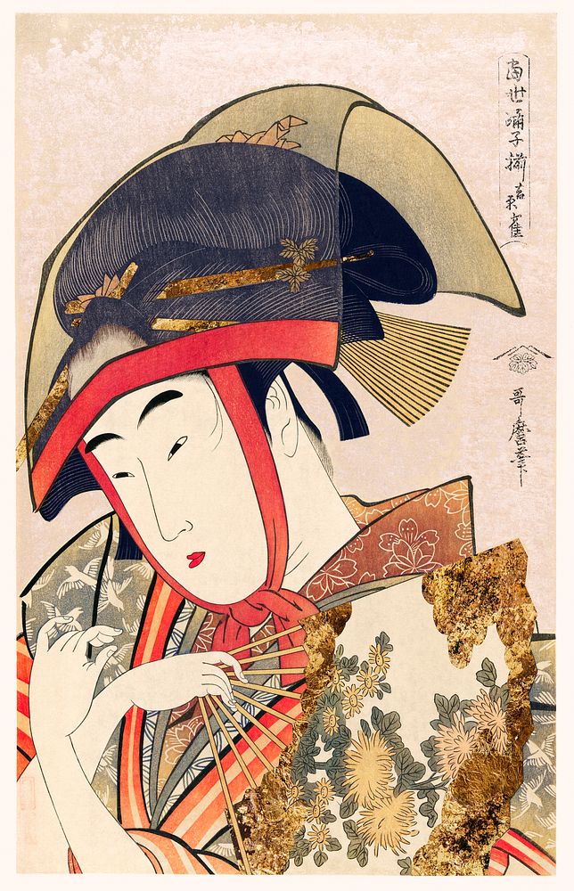 Yoshiwara Suzume vintage illustration, remix from original painting by Utamaro Kitagawa.